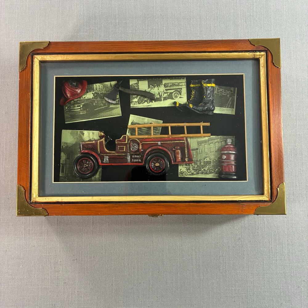 Vintage Fire Truck Wooden Keepsake Box Glass Lid Firefighter Decor Storage Chest
